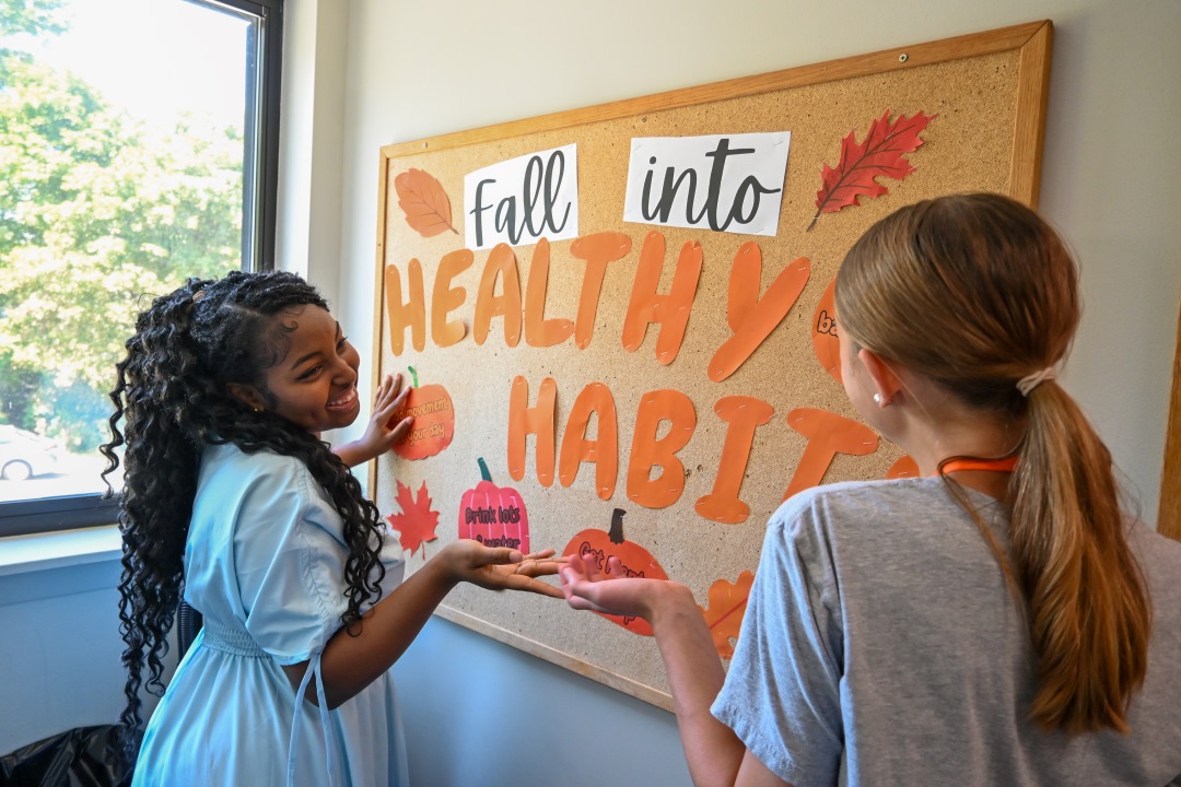 Woose and Hazel collaborating on a bulletin board 